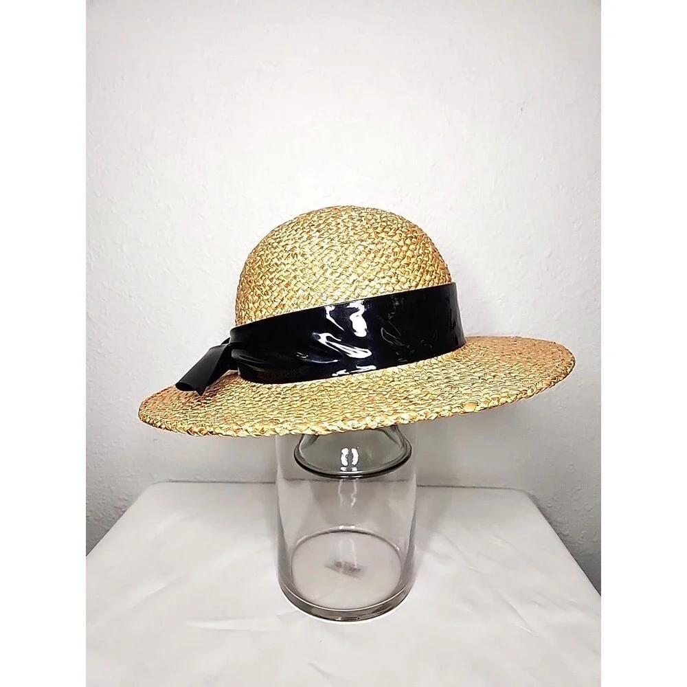 Straw Hat With Patent Black Leather Band Women's